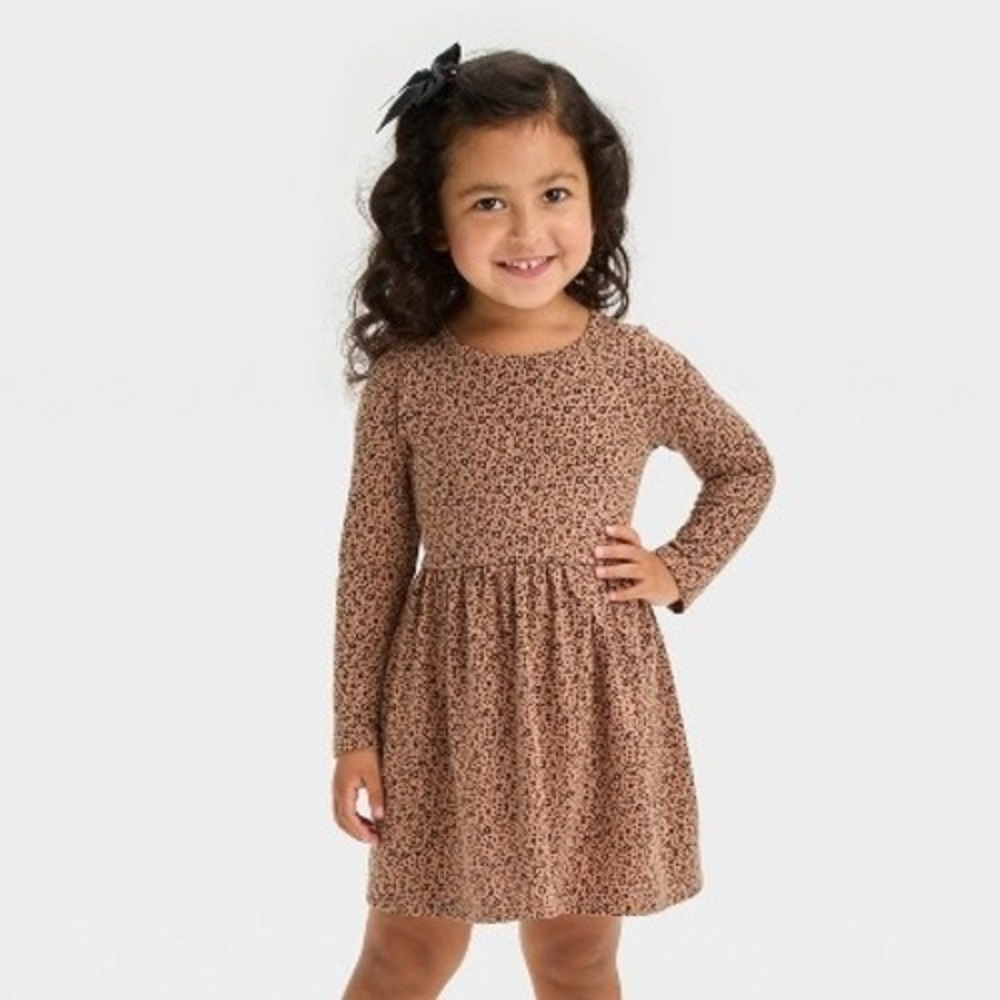 NWT Toddler Girls 5T Long Sleeve Animal Print Dress Brown Tan